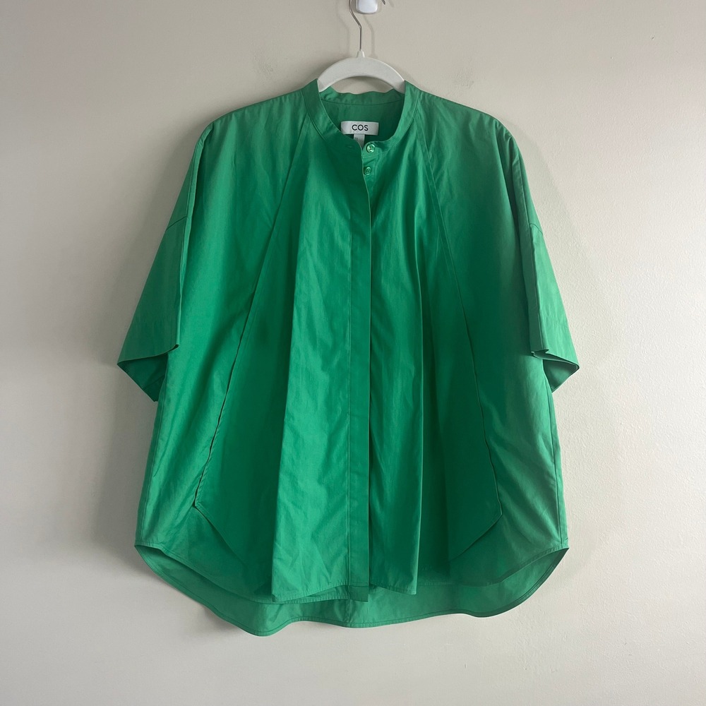 COS Boxy Short Sleeve Poplin Shirt Kelly Green Oversized Band Collar 10